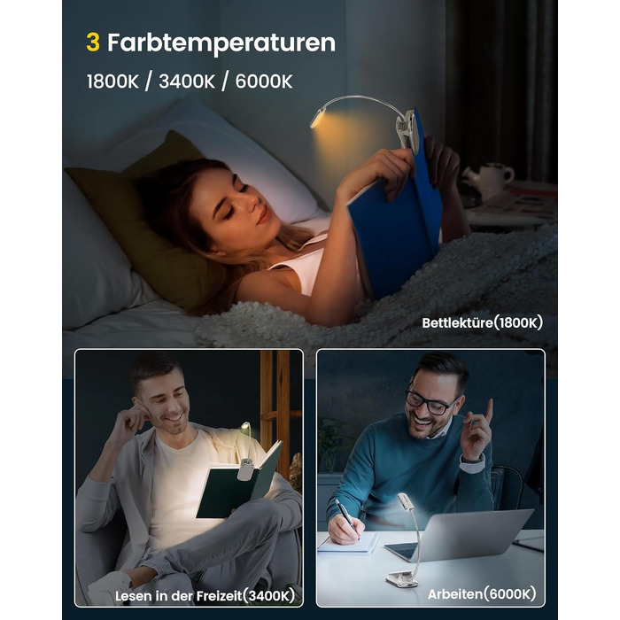 Glocusent Posh Premium Лампа для читання з кріпленням на книгу та таймером, 16 LED, акумулятор, час роботи 160 годин, 1800K, м'яке світло, 3 кольори та 5 рівнів яскравості, ідеально для читачів