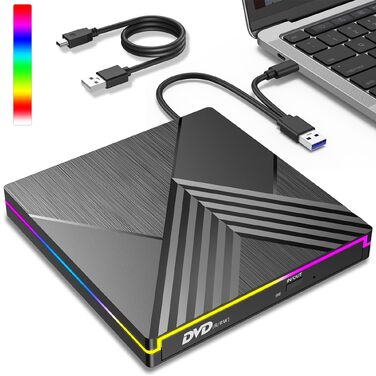 Зовнішній DVD-привід з RGB-підсвіткою, USB 3.0 та Type-C, CD/DVD+/-RW записувач та плеєр для PC, Laptop, MacBook (Windows, macOS, Linux)