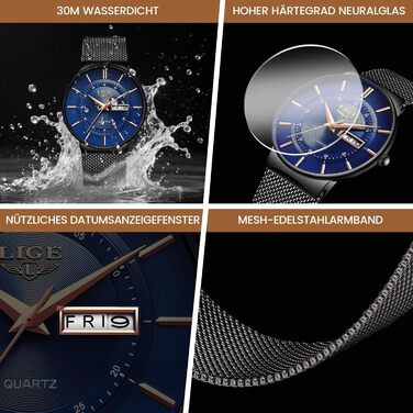 Годинник чоловічий LIGE з датою, водонепроникний, з нержавіючої сталі, вінтажний стиль, кварцовий механізм, чорний колір, з ремінком з нержавіючої сталі, класичний дизайн, для бізнесу, подарунок для чоловіків, блакитний/чорний колір
