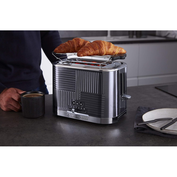 Russell Hobbs Toaster [for 2 slices] Geo Stainless Steel Grey (extra wide toast slots, including bun warmer, 6 browning levels + defrost & reheat function, Quick Toast Technology, 1640W) 25250-56