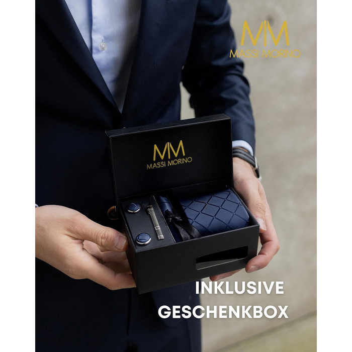 Набір краваток Massi Morino для чоловіків (з нагрудною хустиною, краваткозажимом та подарунковою коробкою) - темно блакитний, квадратний, для весілля