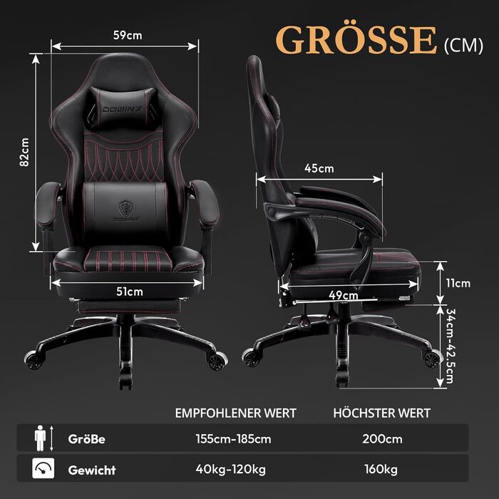 Ігровий крісло Dowinx з підголівником та масажем попереку, ергономічний геймерський крісло з підніжкою, офісне крісло з PU шкірою, чорний