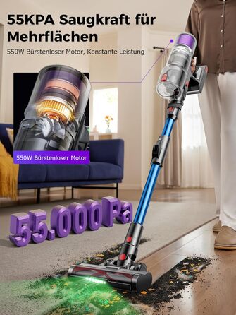 Бездротовий пилосос Proscenic P16 з акумулятором, 55 кПа, 550 Вт, 65 хв, гнучкий гофрований з'єднувач, GreenEye, щітка Anti-Tangle, для килимів, твердих поверхонь, шерсті домашніх тварин, автосалонів, блакитний