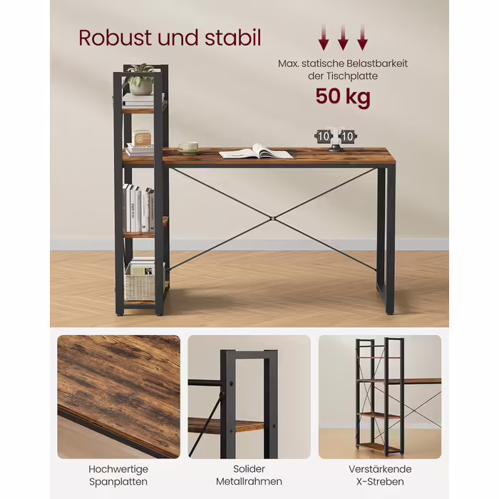 VASAGLE Desk, Computer Table with Shelves on the Right or Left, 137.2 cm Wide Office Desk, for Study Room, Home Office, Easy Assembly, Vintage Brown-Black LWD049B01