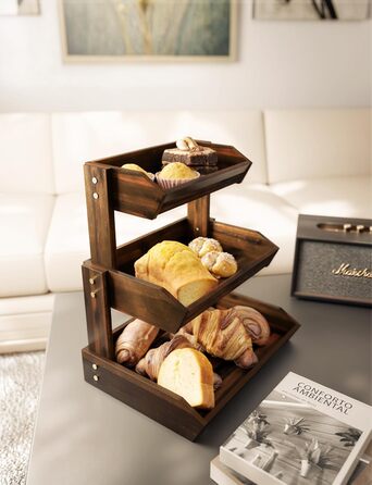 Двоярусна фруктова корзина HOLANA з дерева для стільниці – органайзер для фруктів, овочів та закусок (горіх)