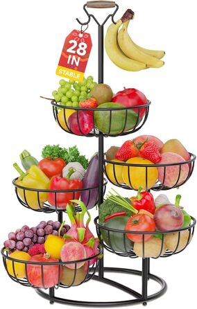 Багатоярусна підставка для фруктів PouHenier.jh – 5 ярусів, чорний колір, з тримачем для бананів. Металева підставка для фруктів та овочів, органайзер для кухні