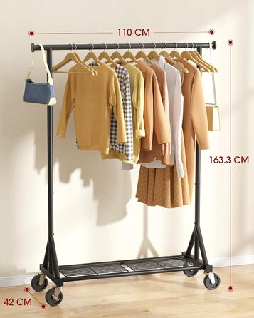 Підвісна штанга для одягу на колесах – міцна конструкція з нержавіючої сталі з сітчастою полицею, багатофункціональний вішак для одягу для спальні, пральні, магазину (Чорний, 110 x 42 x 163.3 см)
