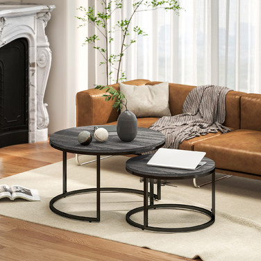 HOMCOM Round Coffee Table 2-Piece Set Stackable Side Table with Metal Frame, Living Room Table with Wood-Look Finish, Coffee Table for Living Room Bedroom Black | Aosom