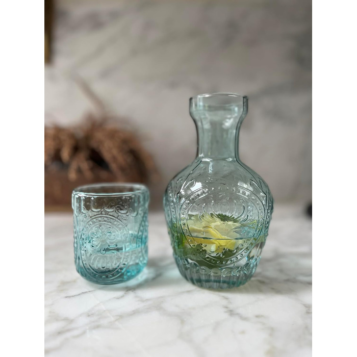 Curator Home Vintage Nightstand Water Carafe and Glass Set - 750 ml Capacity - Elegant Glass Jug for Water, Juice, or Wine - Stylish Home Decor for Kitchen or Dining Room (Light Blue)