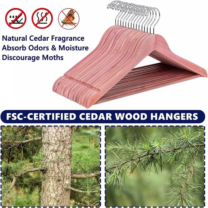 Amber Home 10-Piece 17.5-inch Cedar Wood Clothes Hangers with Non-Slip Notch, Natural Cedarwood Hangers with Round Bar for Suit, T-Shirt, Shirt, Jacket, Coat, Dress, Pants