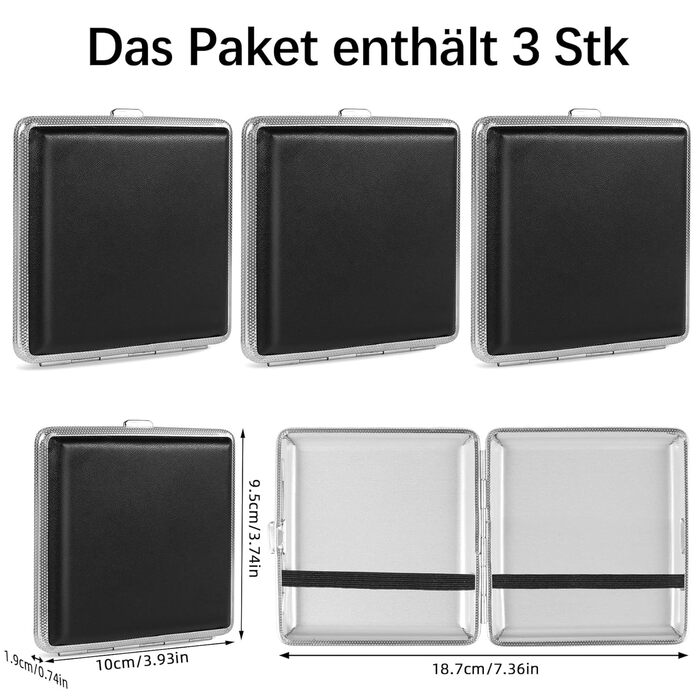 Чохол для сигарет зі шкіри та металу (3 шт., чорний) - 20 сигарет, з застібкою, 10 x 9.5 x 1.9 см