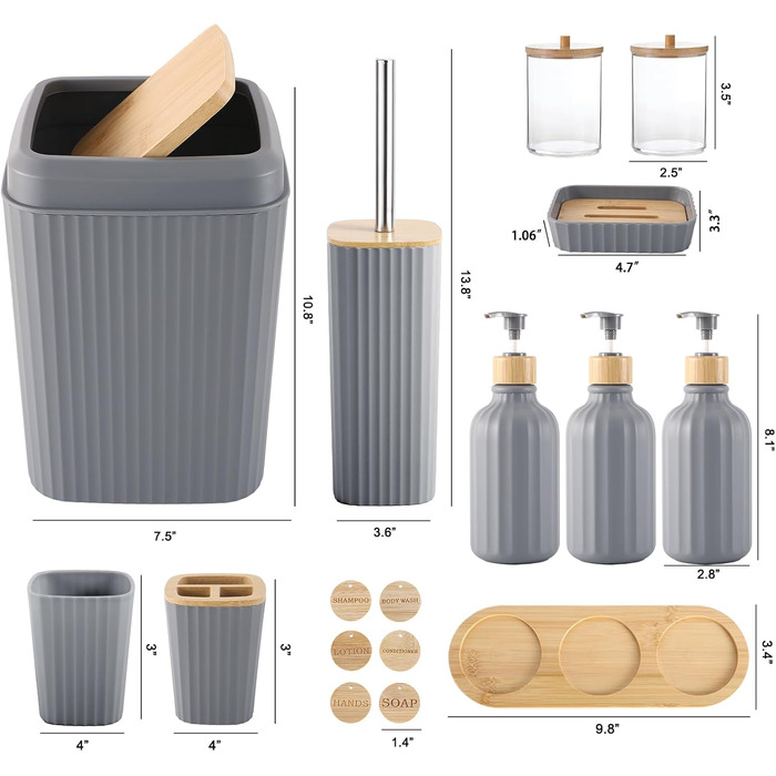 Набір аксесуарів для ванної кімнати сірого кольору, 17 предметів: сміттєвий бак, 3 диспенсерів для мила/лосьйону, тримач для зубних щіток, мильниця, стаканчик, 6 дерев'яних гачків, піднос для ванної кімнати