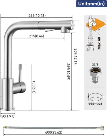Змішувач кухонний Sofetiy висувний з душем, нержавіюча сталь, 360° поворот, одноlever, 2 режими струменя