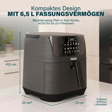 Princess Digital Hot Air Fryer – 6.5 L – with removable divider – 60 percent less energy consumption – Digital touchscreen – 12 programs – Oil-free – Black – 182061 REGULAR 6.5L