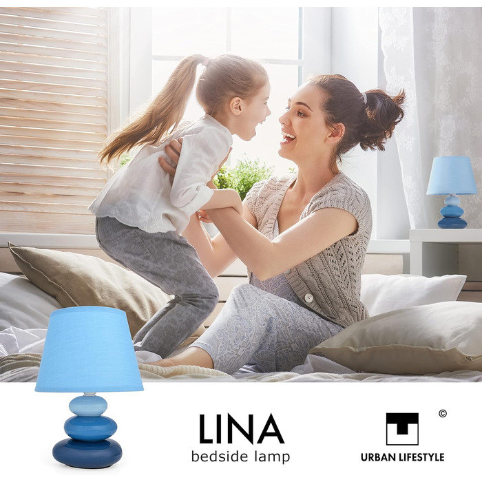 Нічна лампа 'Ліна' блакитна: керамічна настільна лампа з абажуром, LED, E14, 230V