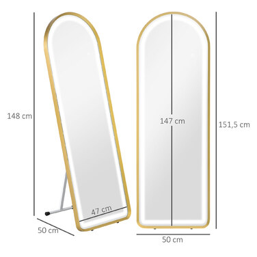 Дзеркало для всього тіла HOMCOM з LED-підсвіткою, регульованою яскравістю, настінне та напольне дзеркало, дзеркало для гардеробної з сенсорним вимикачем, золото, 47x146 см