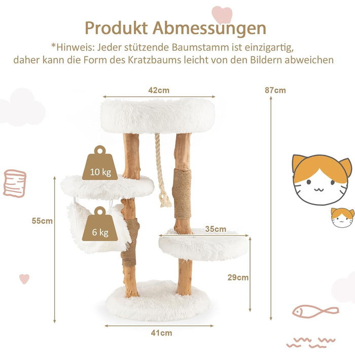 Дерев'яна кігтеточка SOARS для котів з 3-ма природними стовбурами, ліжко та плюшеві поверхні, з іграшковим м'ячиком та джутовим мотузком, багатоярусна, 59 x 49 x 110 см, білий колір
