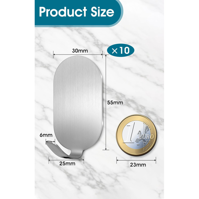 Крючки самоклеючі, 10 шт. з нержавіючої сталі 304, без свердління, для ванної, кухні та вітальні