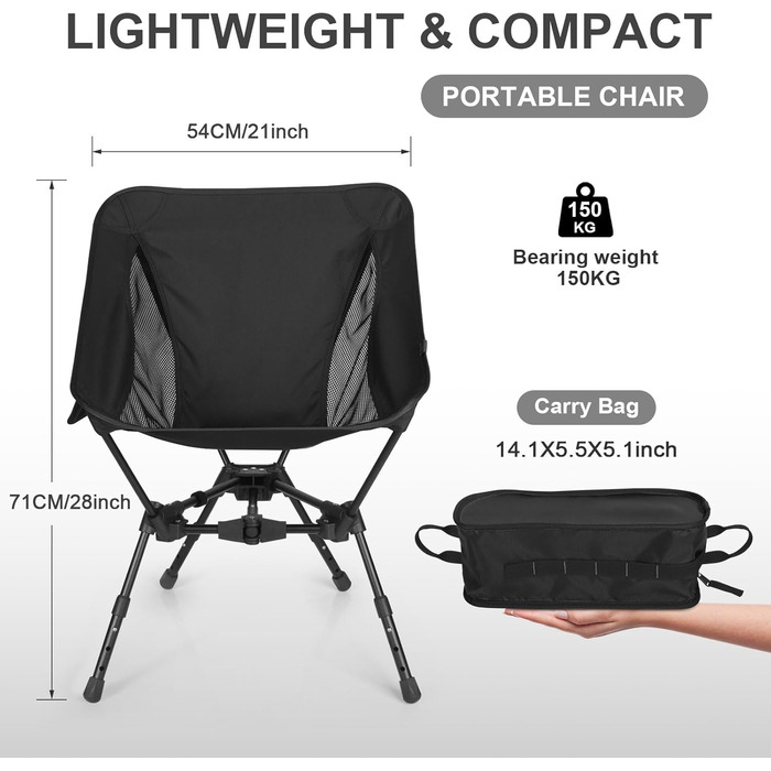 Складний туристичний стілець TOPCHANCES для кемпінгу та відпочинку на природі. Міцний, легкий, з кишенею, чорний