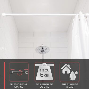 Телескопічна штанга для душу без свердління, 140-260 см, регульована – штанга для карнизів, що кріпиться без свердління, протиковзна, для душу, біла