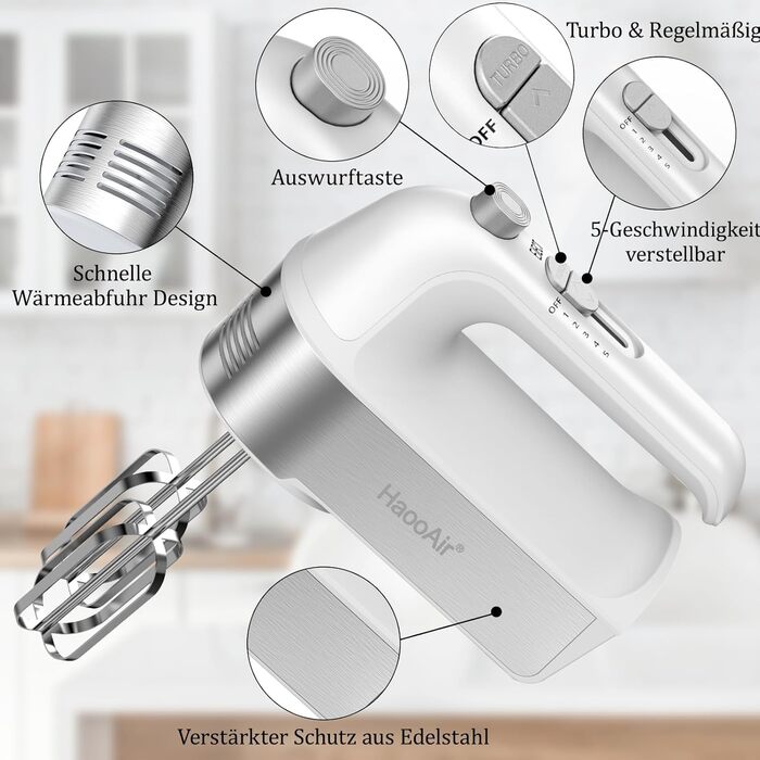 Електричний міксер 450W з 5 швидкостями, мірний стакан та аксесуари, для випічки та приготування їжі (білий)