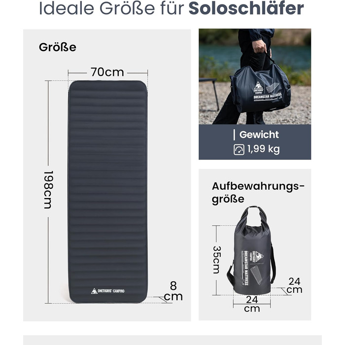 Надувний матрац OneTigris Dreamstar самонадувний (70x198 см) сірий для кемпінгу, подорожей та автомобіля