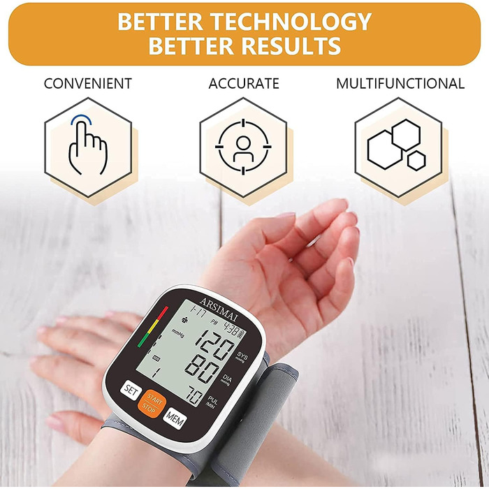 Автоматичний тонометр на зап'ясті: регульована манжета + 2 батарейки AAA та сумка для зберігання – детектування нерегулярного серцевого ритму, пам'ять на 99 вимірювань, великий LCD-дисплей, білий/синій (чорний)