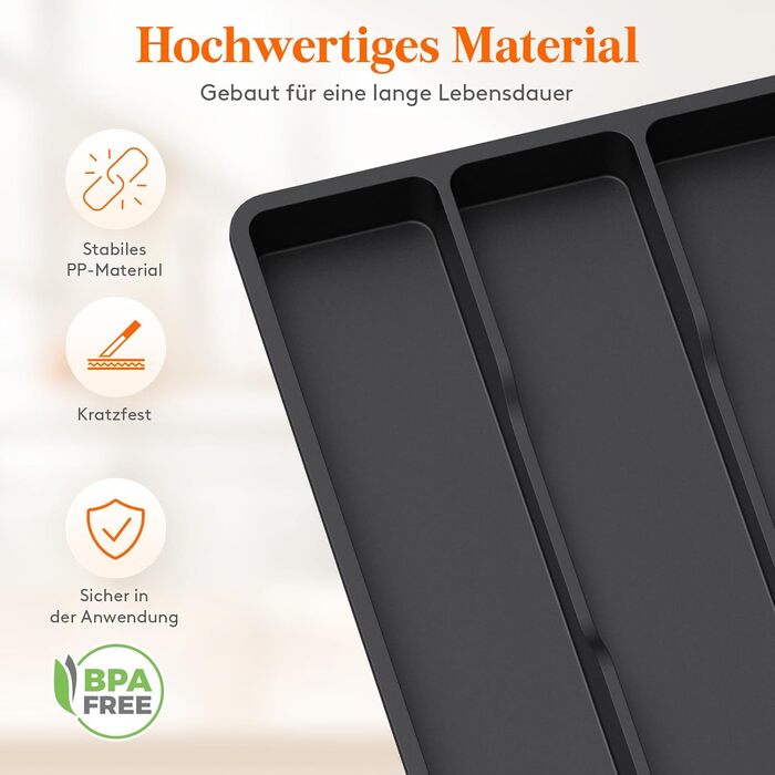 Органайзер для столових приборів Lifewit в шухляду, розширюваний 43.9 см, чорний, 30-44x40x4.6 см