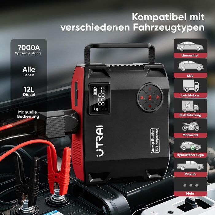 UTRAI 7000A Powerbank для запуску авто: 27000mAh, компресор, LED ліхтарик 1600 лм, QC3.0, 160W DC, для бензинових та дизельних двигунів (12L)