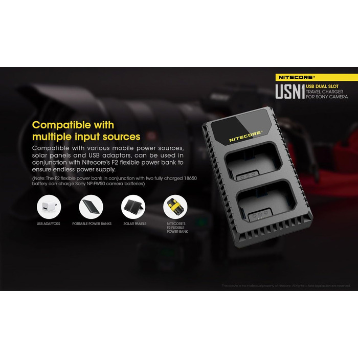 Зарядний пристрій Nitecore USN1 для Sony NP-FW50 з індикатором та USB, чорний