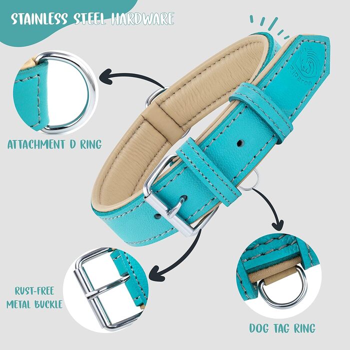 Riparo Genuine Leather Adjustable Dog Collar with Additional Reinforcement (: 4.5CM Wide for 53.4CM - 63.5CM Neck, ) (L, Aqua)