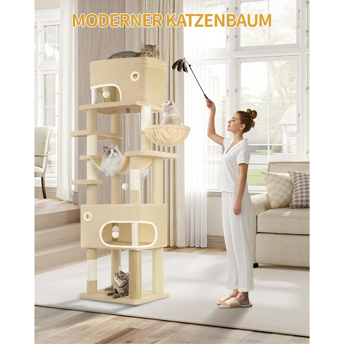 Драбина-кіготь для котів Hzuaneri, 203 см, з великою платформою, 2 печери, 7 кігтеточок, помпони, лежанки, гамак, для всіх порід котів, бежевий MS20318YL XXL (60 x 50 x 203 см)