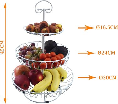Металевий кошик для фруктів та овочів з ручкою - 3 яруси, великий, з нержавіючої сталі, з циркуляцією повітря (45см, Ø30-24-16.5см), білий