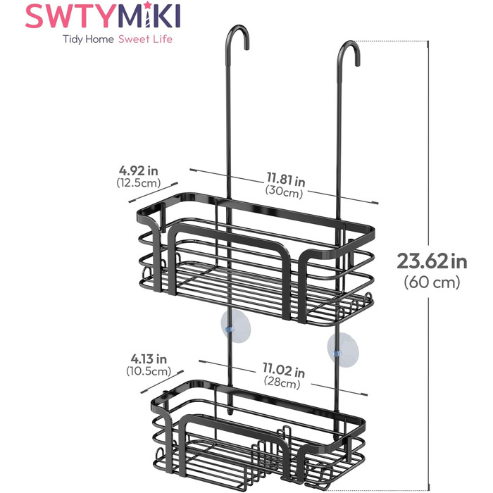 Поличка для душу SWTYMIKI з мильницею та 11 гачками, з нержавіючої сталі, чорна