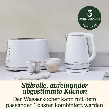Електрочайник Cuisinart 1,5 л, 3000 Вт, білий, нержавіюча сталь, матове покриття, бездротовий, швидкий нагрів, для кухні, частина набору з тостером