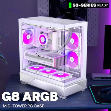 Ігровий корпус для ПК ANSAITE ATX Mid-Tower, 6 ARGB PWM вентиляторів, панорамне загартоване скло, USB Type-C, підтримка радіатора 360мм, Чорний