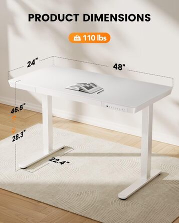 Електричний скляний стіл ErGear 120x60 см з регулюванням висоти, висувною шухлядою, для дому та офісу, біла скляна стільниця, білий каркас