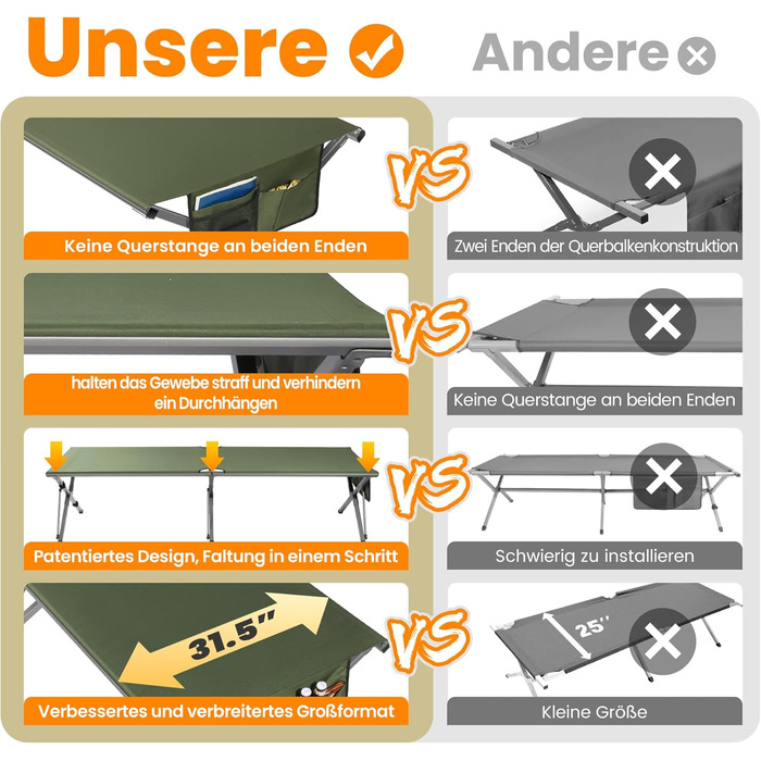 Розкладне ліжко для кемпінгу 210x80x60 см, стабільне, з кишенею, 200 кг, для відпочинку на природі, в саду, в подорожах, вдома (зелене)