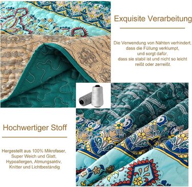 WONGS BEDDING Bedspread 220x240 Bed Cover Bohemian Quilt Steppdecke 3-Piece Double Bed Quilted Bedspread Microfiber Throw Blanket with 2 Pillowcases 50x70 for Bedroom as Sofa Cover (Bohemian) (200x220 cm, Brown Green)
