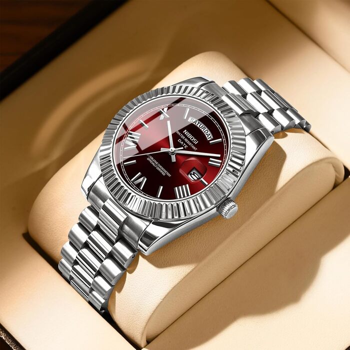 Годинник чоловічий NIBOSI - аналоговий кварцовий годинник з нержавіючої сталі. Водонепроникні бізнес-годинники для чоловіків з датою та індикатором дня тижня (срібно-червоний)