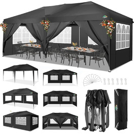 COBIZI Pop-up Pavilion 3x3, Folding Pavilion 3x3 Waterproof, Stable, Winter-proof |8X Pegs|4X Wind Rope|UV Protection 50+|High-Density Tarpaulin| Pavilion Foldable 3x3m Party Tent Folding Pavilion 3x3 Garden Pavilion (Black, 3x6m with 6 Side Panels)