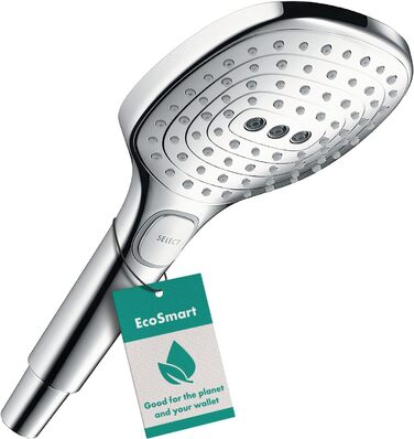 Hansgrohe Raindance Select E - water-saving showerhead 9 l/min (EcoSmart), handheld shower with 3 spray patterns, square shower head (120 x 120 mm), water-saving showerhead with anti-limescale function, Chrome, 26521000