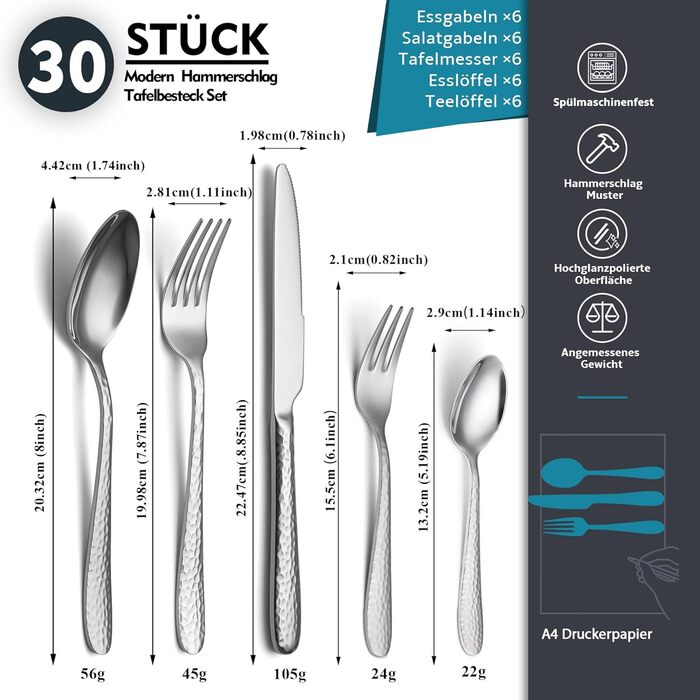 Набір столових приборів EIUBUIE 30 предметів з нержавіючої сталі, молоткова текстура, для 6 осіб. Столові прибори з ножами, вилками та ложками, поліровані, для дому та вечірок, можна мити в посудомийній машині, сріблястий колір.