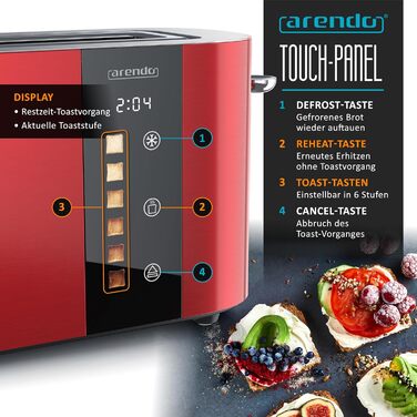 Тостер Arendo з нержавіючої сталі, 2 слоти, сенсорний дисплей, подвійні стінки, насадка для тостів, 6 рівнів підсмажування, центрування хліба, таймер, пам'ять - Чорний (D: Karminrot)