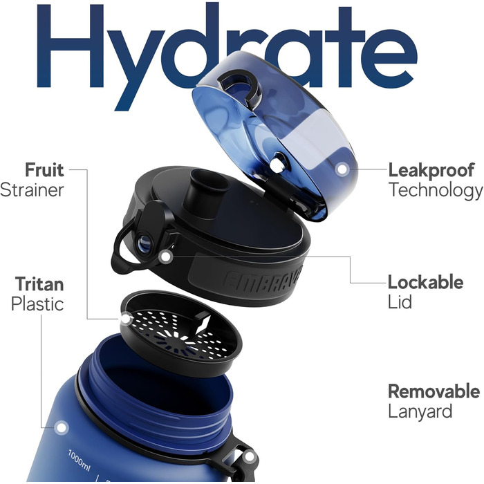 Embrava Best Sports Bottle - 1000ml - fast-flowing, flip-top leak-proof lid that opens with a click - non-toxic, BPA-free & eco-friendly Copolyester-Tritan plastic (Aqua Fusion)