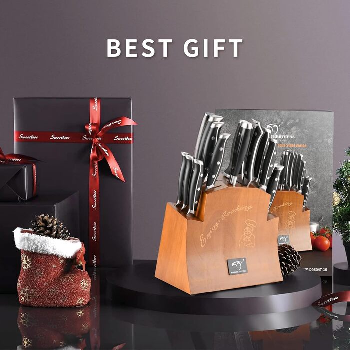 Nanfang Brothers 18-Piece Damascus Kitchen Knife Set with Hammered Handles & Wood Block - Premium Quality Steel Blades