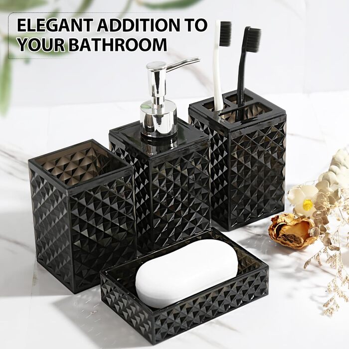 Чорний набір аксесуарів для ванної кімнати, 4 шт. - сучасний декор для ванної кімнати, акриловий дозатор для мила та тримач для зубних щіток