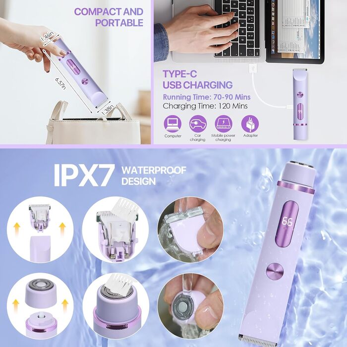 Триммер для бікіні RoserRose 2-в-1 для жінок з LED дисплеєм, водонепроникний (IPX7), Type-C зарядка, набір для догляду за інтимною зоною (фіолетовий)