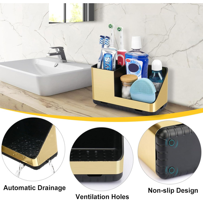 Тримач для зубних щіток у ванну кімнату: органайзер з отвором для стоку, для електричної та звичайної щітки, сірий (Brushed Gold)