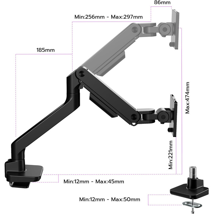 Кріплення для монітора ARES WING: регульована підставка для моніторів 17-49 дюймів, газліфт, VESA 75/100 мм, чорний (без USB)